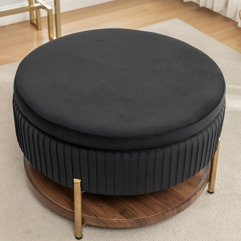 Charyn Upholstered Round Storage Ottoman, Black
