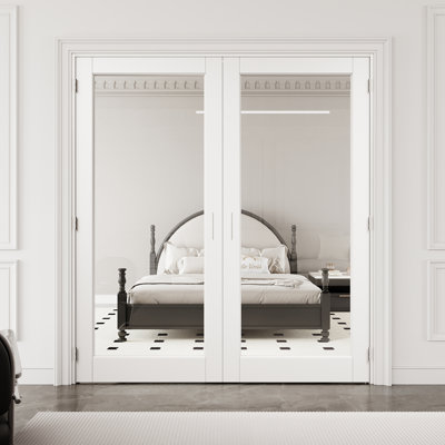 Porte française intérieure en verre clair 48 "x 80" 1-Lite avec quincaillerie argentée et loquet et levier de porte, dalle de porte en verre trempé avec sécurité, à peindre et imperméable, combinaison pour la lessive, portes de placard, portes de pièce, assemblage requis