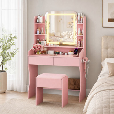  Coiffeuse de maquillage avec miroir lumineux à DEL et prise de courant, bureau de coiffeuse avec tabouret et tablettes de rangement pour la chambre à coucher