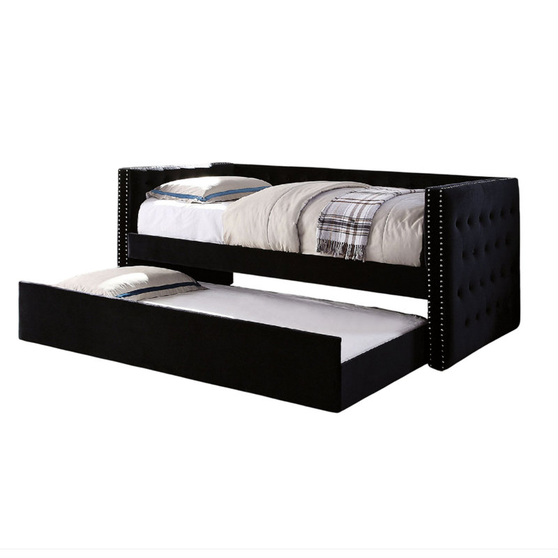 Suzo Daybed With Trundle, Flannelette Upholstery, Nailhead Trim, Black