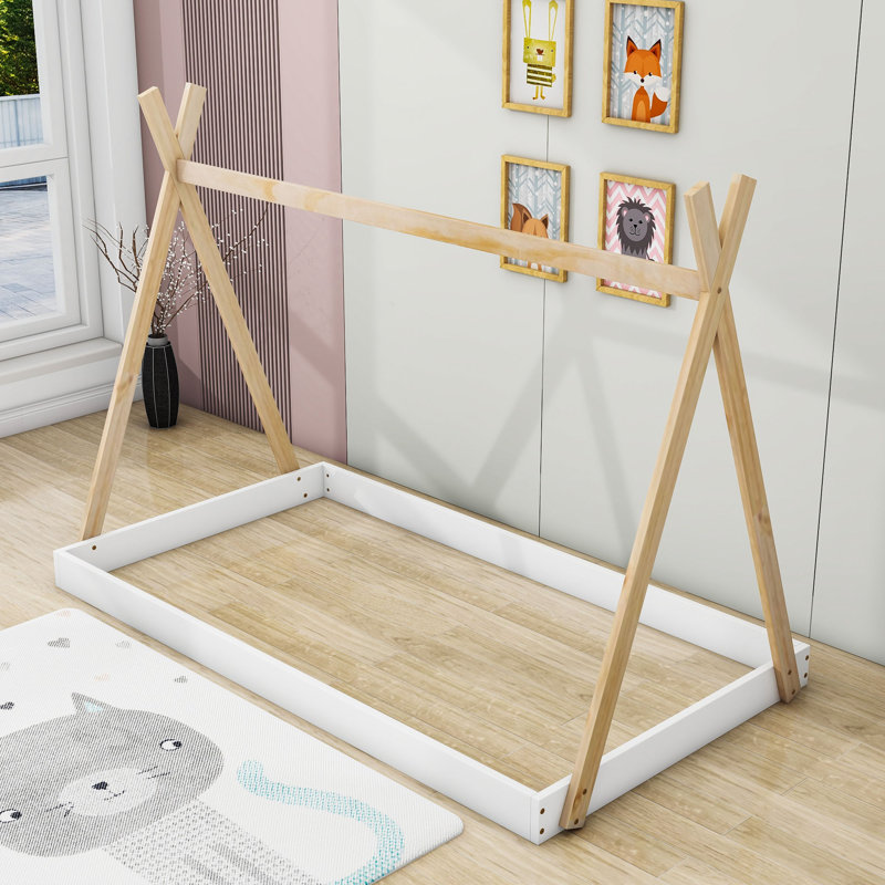 Estefania Twin Size Wood Bed with Triangle Structure, White/Natural