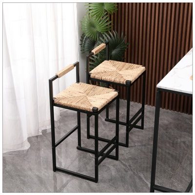 Water Hyacinth Woven Bar Stools With Metal Back