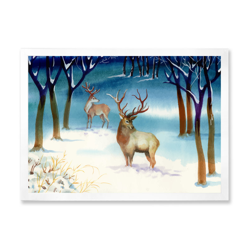 Paysage d'hiver avec des cerfs - peinture sur toile, H 30 po x l 40 po x P 1,5 po, Cadre de coin blanc fermé