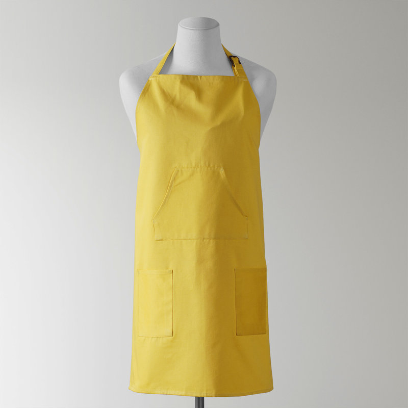 Tablier de cuisine en coton unie pour femme avec poches réglable, Jaune moutarde