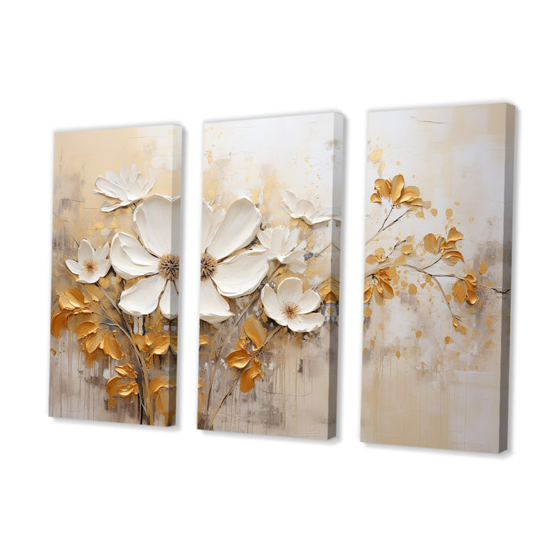 Fleurs saisonnières beiges et dorées en fleurs - ensemble d'art mural fleurs saisonnières, H 32 po x l 48 po x P 1 po