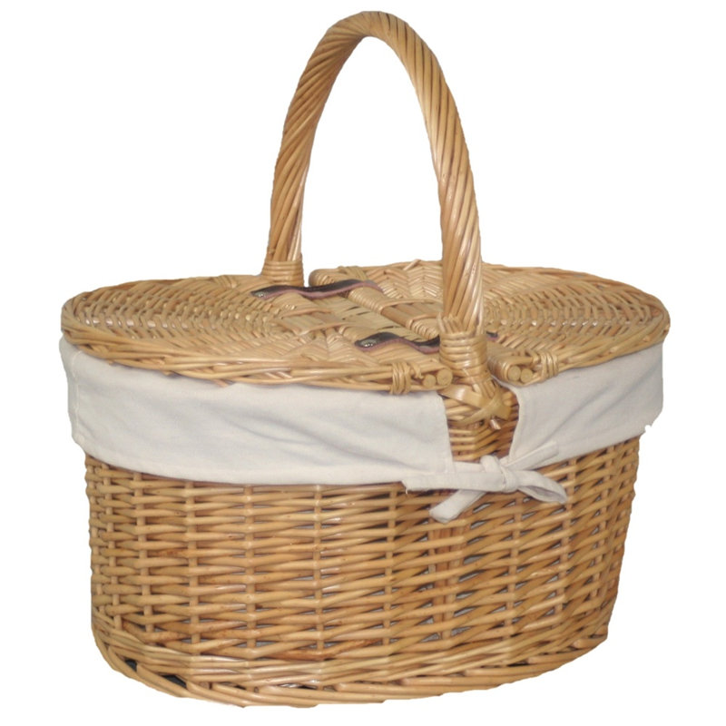 Cotton Lined Buff Oval Picnic Basket