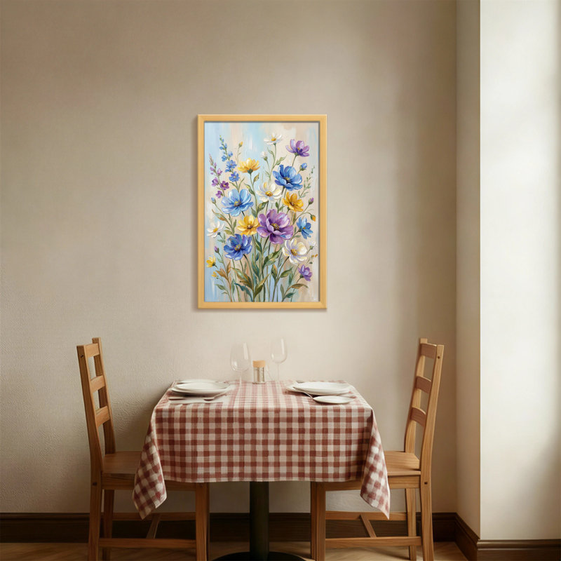 Motif floral de plantes et de fleurs avec des fleurs bleues, jaunes et mauves, H 18 po x l 12 po