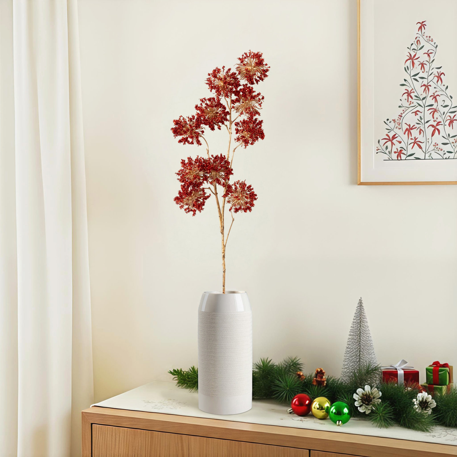 37" Artificial Red Ball Glitter Christmas Spray