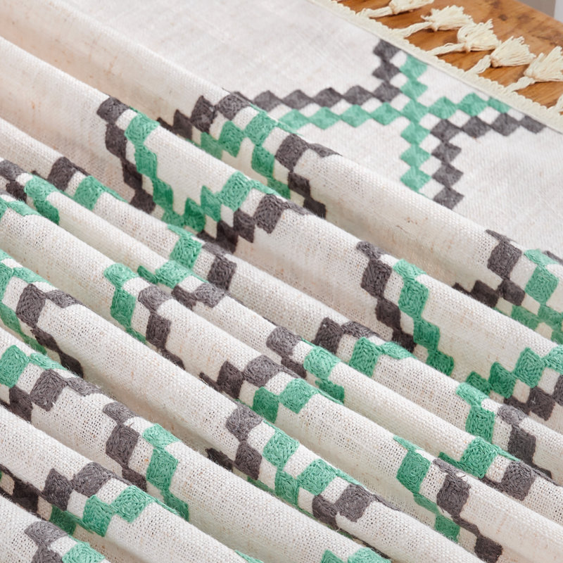 Linen-Like Diamond Checkered Embroidery Tablecloth with Fringe, 78" Rectangle, Blue
