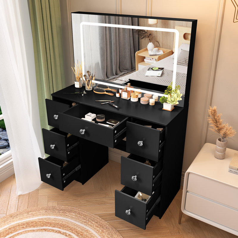 Ensemble de coiffeuse avec grandes lumières DEL et miroir, 3 modes de couleur, bureau de coiffeuse noir avec 7 tiroirs