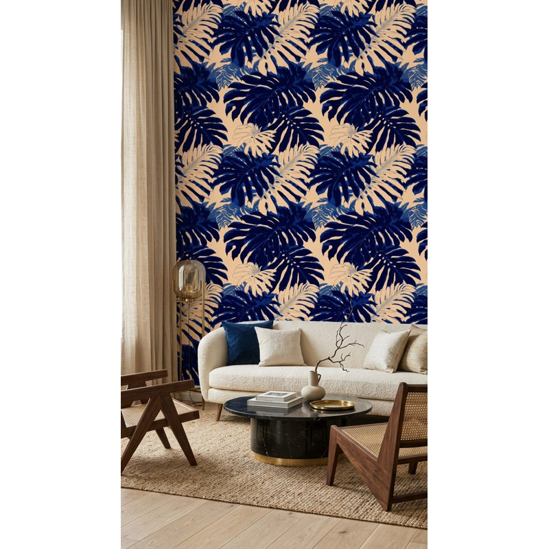 Navy Tropical Wallpaper Monstera Leaf Pattern, Peel and Stick