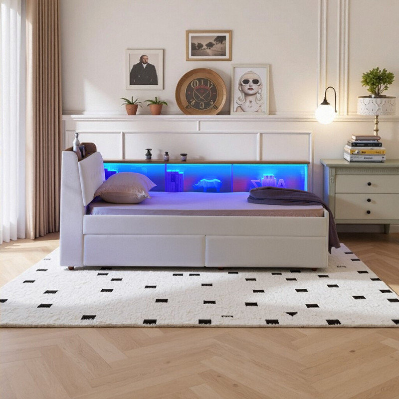Lit de jour simple avec tiroirs de rangement, tête de lit à DEL et chargement sans fil, Beige