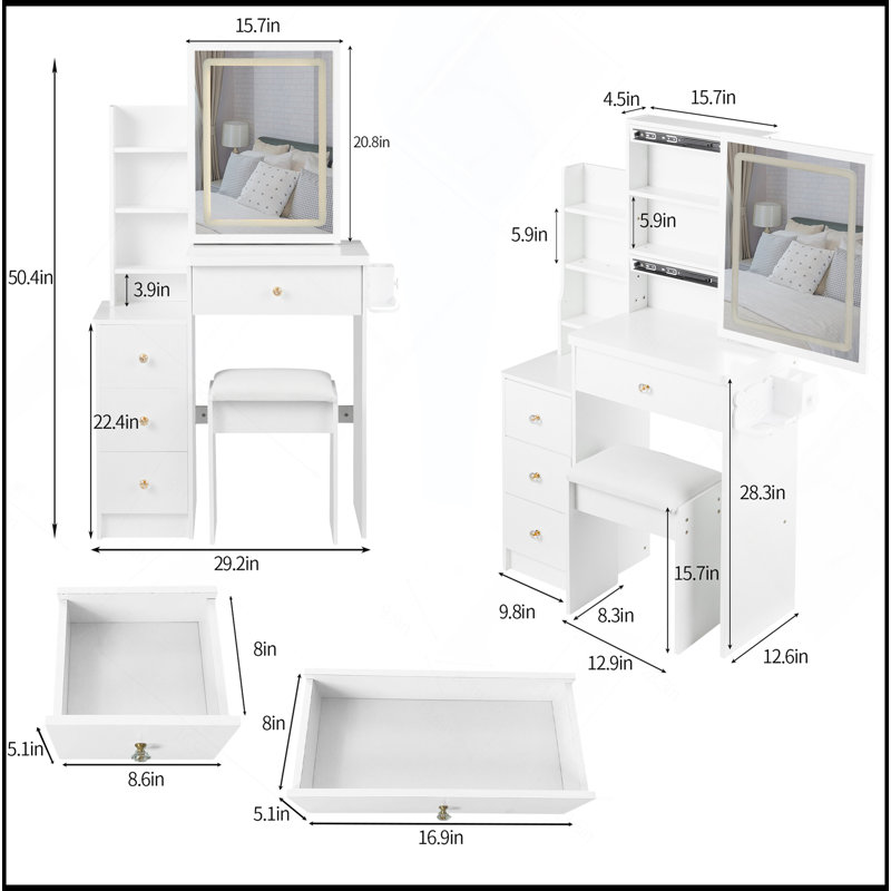 29.2" Small Size Left Bedside Cabinet Vanity Table + Cushioned Stool, 2 AC+2 USB Power Station, Hair Dryer Bracket, Extra Large Touch Control Sliding LED Mirror, Tri-Color Switching, Brightness Adjust