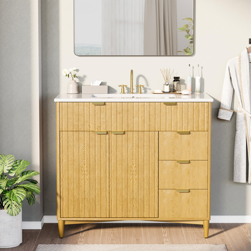  36 Inch Single Bathroom Vanity With Ceramic Sink And , Freestanding Bathroom Vanity With Cabint And Drawers
