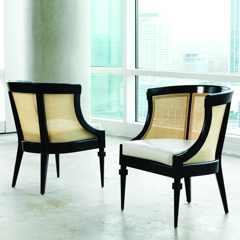 Alder Wood & Black Cane Barrel Accent Chair in Ivory Leather