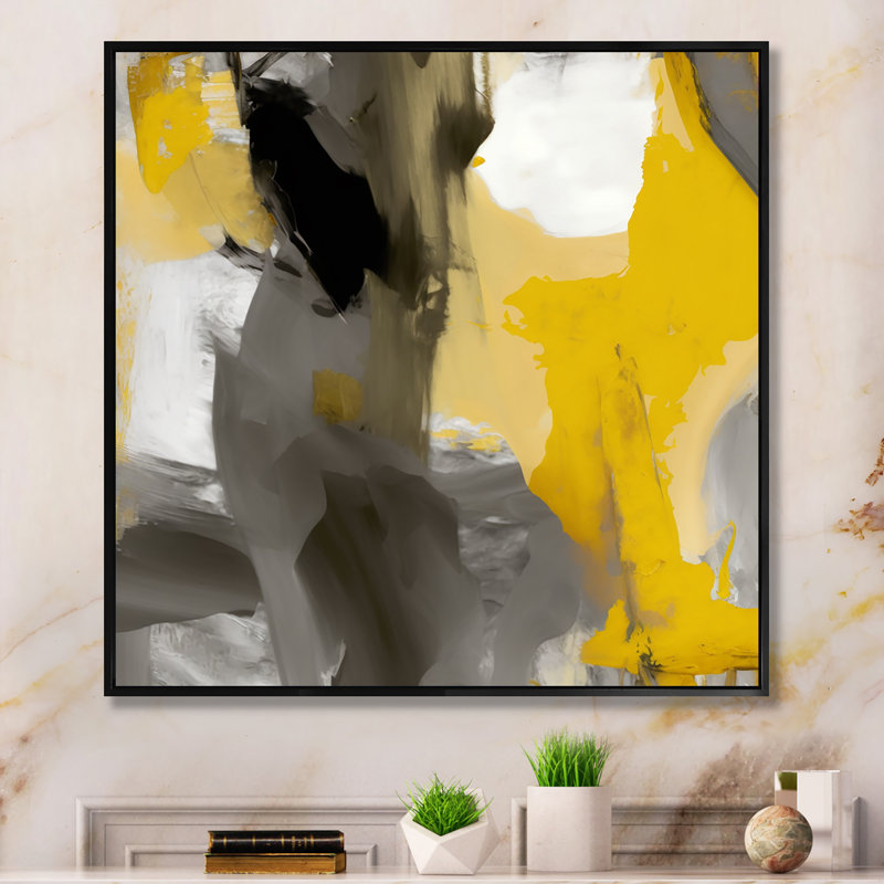 Jaune moutarde et gris vif II - reproduction sur toile, L 30 po x H 30 po, Toile avec cadre flottant noir