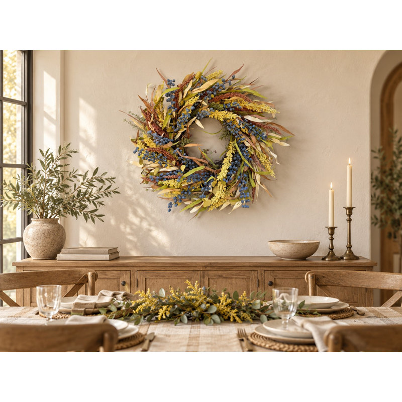 Couronne de porte d'entrée en herbe séchée artificielle de 61 cm (24 po) avec feuillage d'automne et baies, décor mural rustique pour la récolte d'automne et Thanksgiving