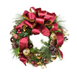 Festive Red and Gold Holiday Wreath with Berries, Ornaments and Pinecones