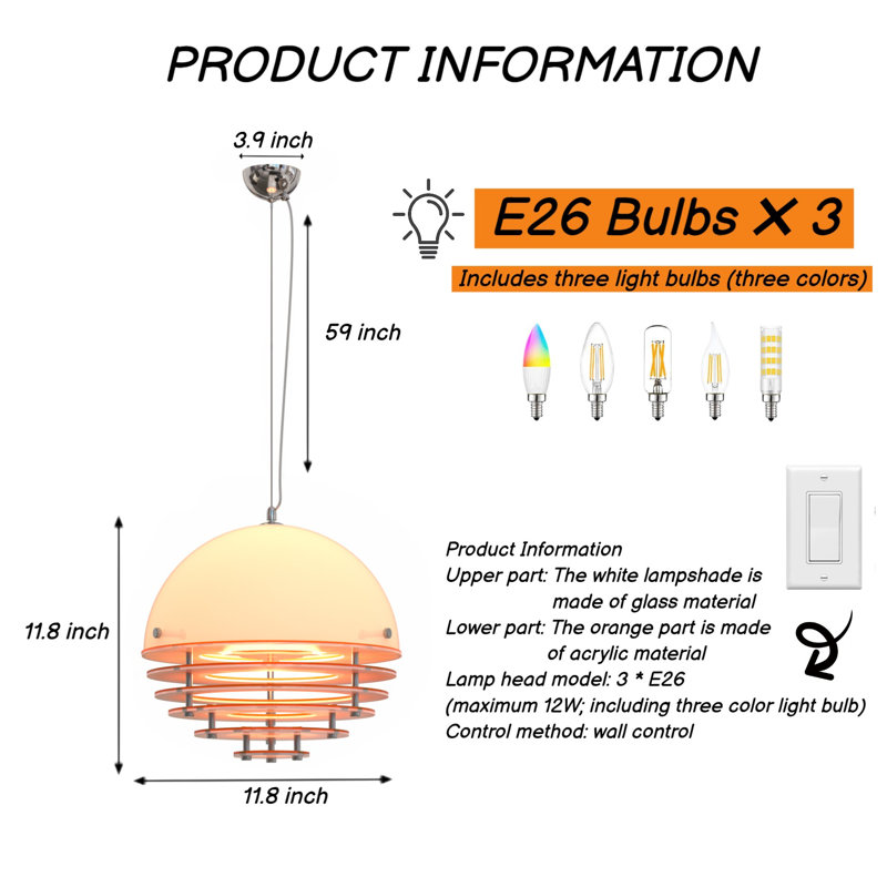 Luminaire suspendu en acrylique orange restaurant Sunset (avec ampoules E26 incluses)