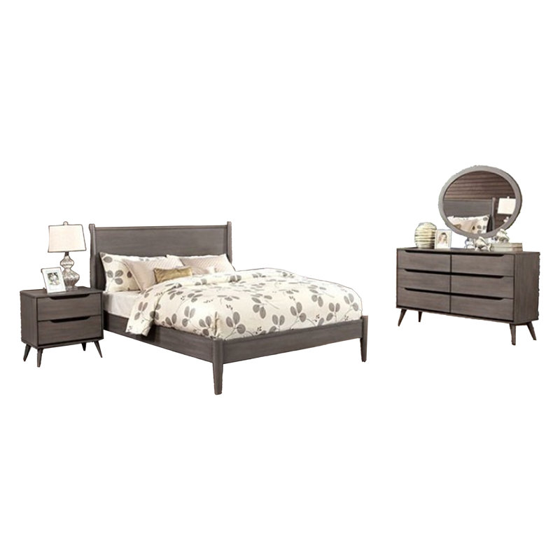 Ensemble de chambre avec grand lit 4 pièces Leyla, commode avec miroir ovale, bois gris, Gris, Grand
