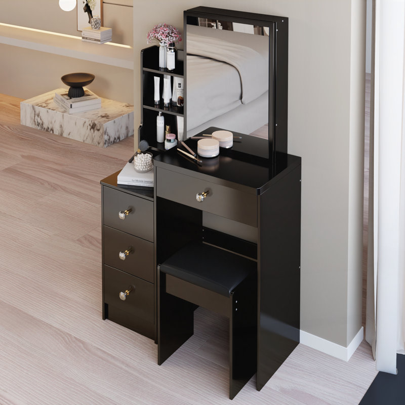Petit meuble-lavabo 29,2 po avec tabouret de chevet et tabouret rembourré, Noir