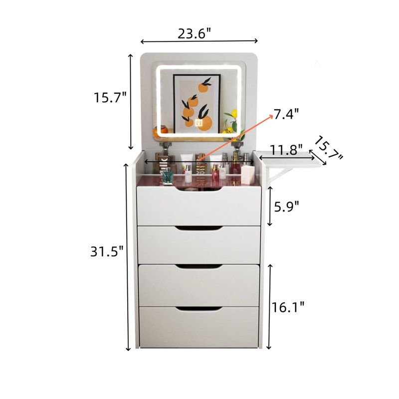 31 Vanity Desk With Hidden Storage And Foldable Panel, White Makeup Table Use, Drawers, Flip Mirror
