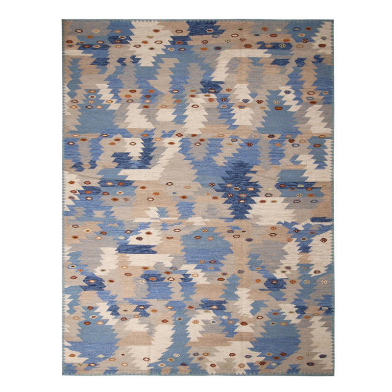 Rug & Kilim’S Scandinavian Geometric Beige Brown And Blue Wool Rug, Rectangle 10' x 14'