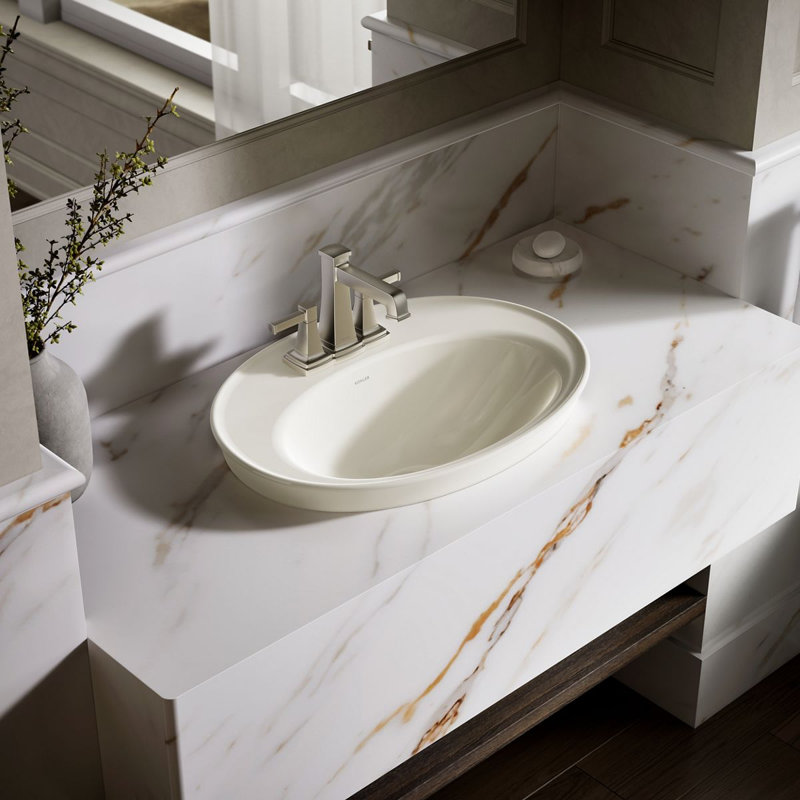 Serif Ceramic Oval Drop-In Bathroom Sink with Overflow, Biscuit, 4'' Centerset