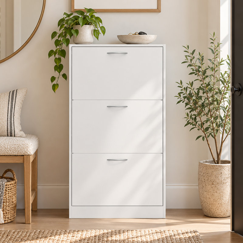 18-Pair Narrow Shoe Storage Cabinet with 3 Flip-Down Drawers, White
