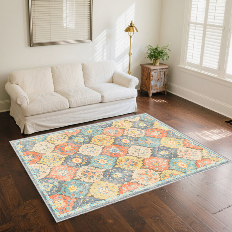  Colorful Geometric Traditional Rug - Blue, Yellow & Orange Pattern, Non-Slip Rectangle, for Living R, Rectangle 8' x 10'