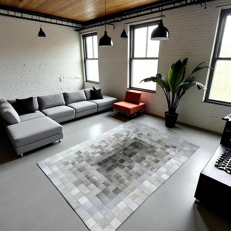 Tapis en cuir de vache moderne gris ombré Patchwork, Rectangle 4 pi x 6 pi