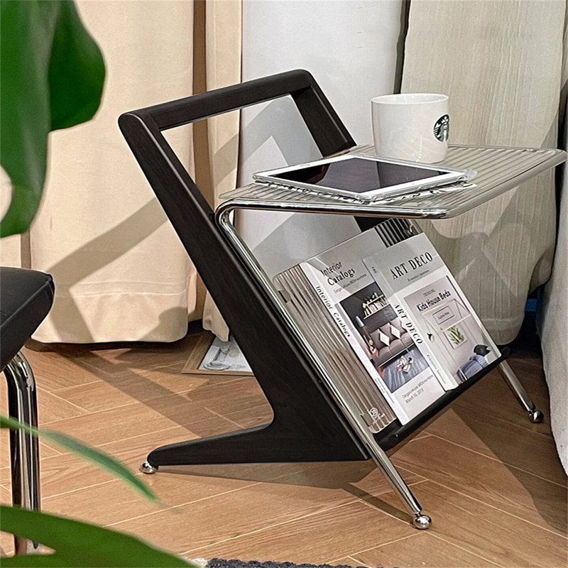 Table d'appoint mobile Retro Luxury | Table de bout / armoire de chevet / porte-revues multifonctionnel | Structure en bois massif + verre cannelé + acier inoxydable | Chariot de rangement compact pour petits appartements