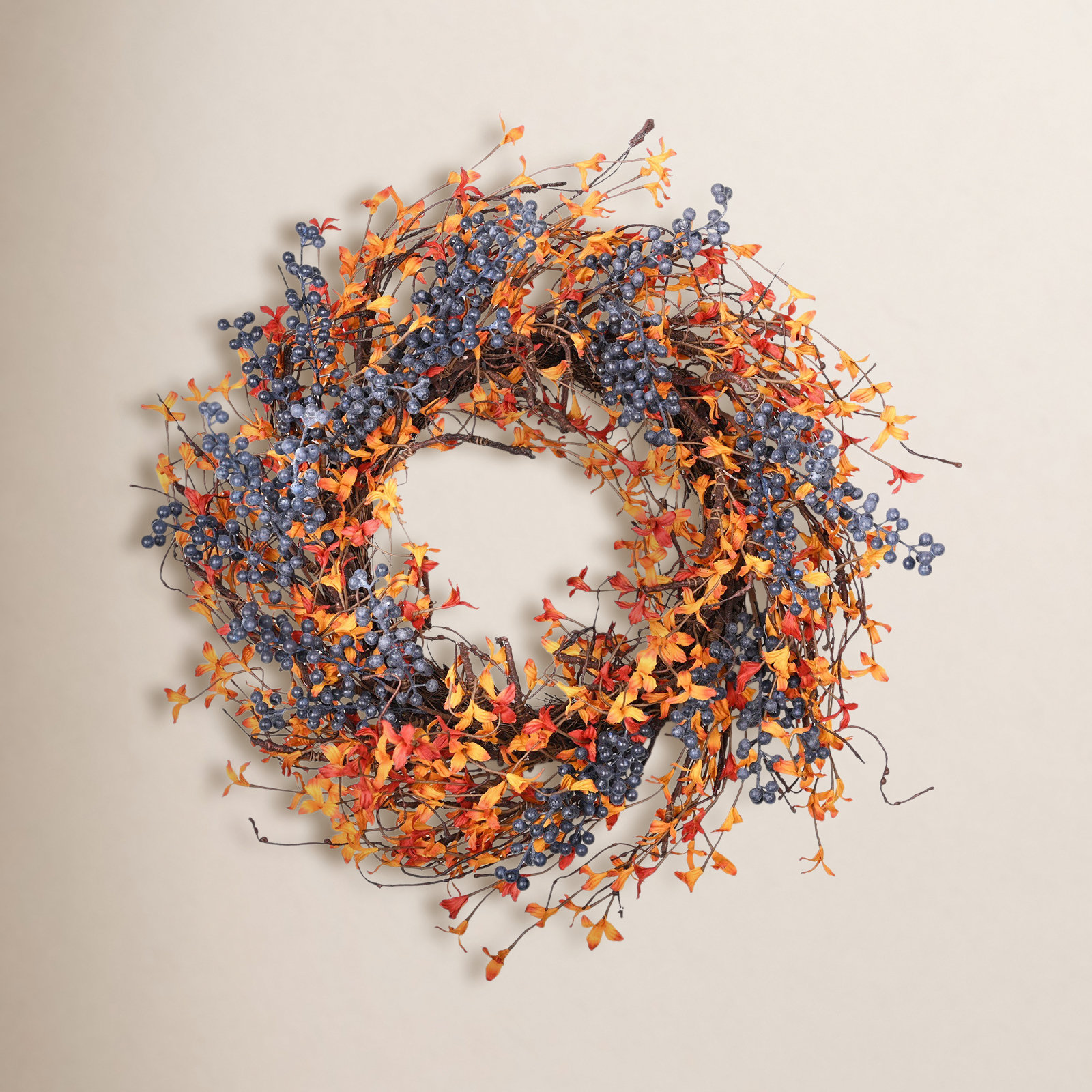 24" Handcrafted Twig, Berry No Holiday Wreath, Orange/Dark Blue
