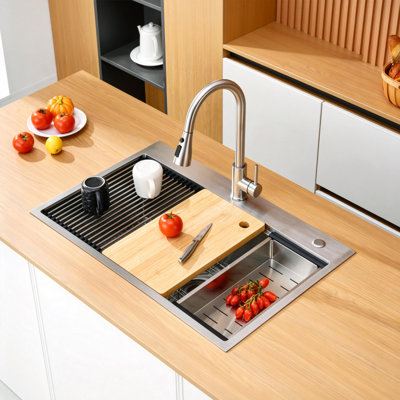 33"L × 22"W Workstation Drop-in Single Bowl Stainless Steel Kitchen Sink with Accessories