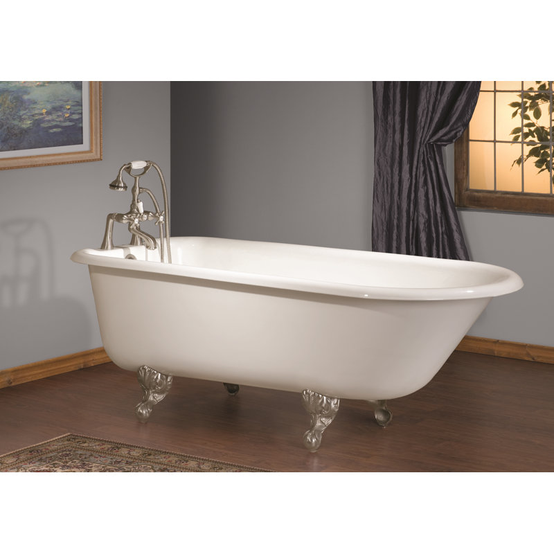 Baignoire de trempage sur pattes 68 po x 30 po Jasira, Intérieur et extérieur blancs, Laiton poli