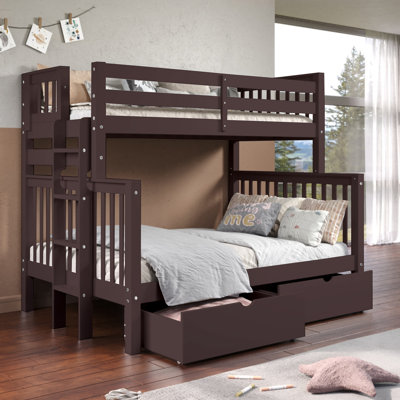 Treva Solid Wood Standard Bunk Beds Twin over Full, 4 Step Ladder, 2 Under-Bed Drawers, Dark Cherry