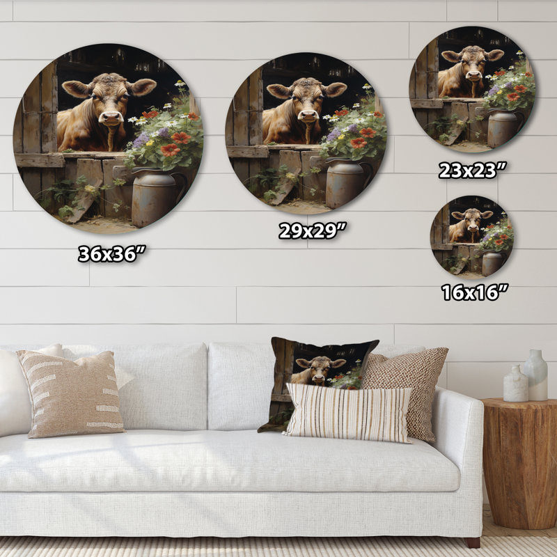 Vache, charme rustique III - animaux, art en métal rond, H 16 po x l 16 po