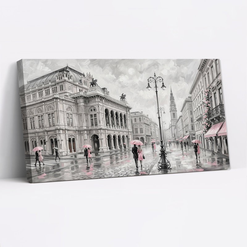 Tableau sur toile représentant une rue de ville en noir et blanc avec des parapluies roses, 40“W x 20”H