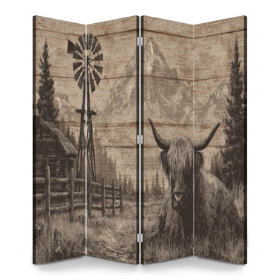 Paravent rustique 4 panneaux paravent Royal Vintage sépia campagne Highland Cow grange toile séparateur de pièce cloison de protection autoportante cloison d'intimité