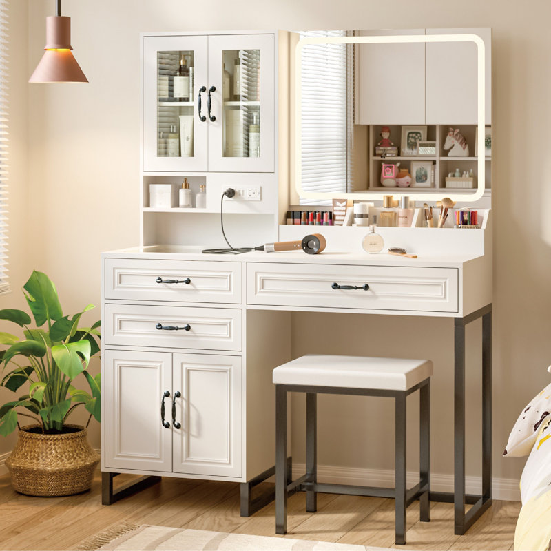 Ensemble de coiffeuse 43 "avec lumière et miroir et prise de courant, Blanc / noir