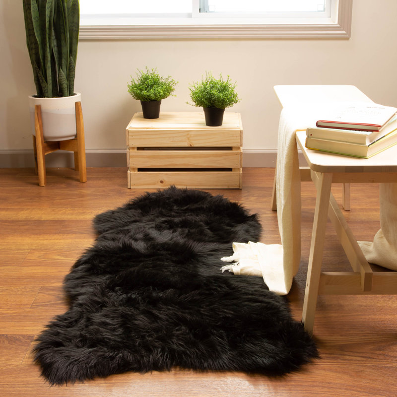 Diller Black Faux Fur Machine Washable Shag Fluffy Area Rug, Novelty 2' x 4'