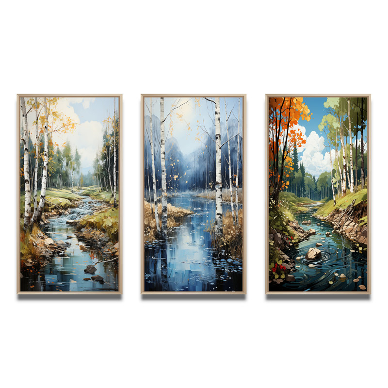 «Birch Woods Serenity Falls», 3 pièces, Encadré naturel, H 40 po x l 60 po