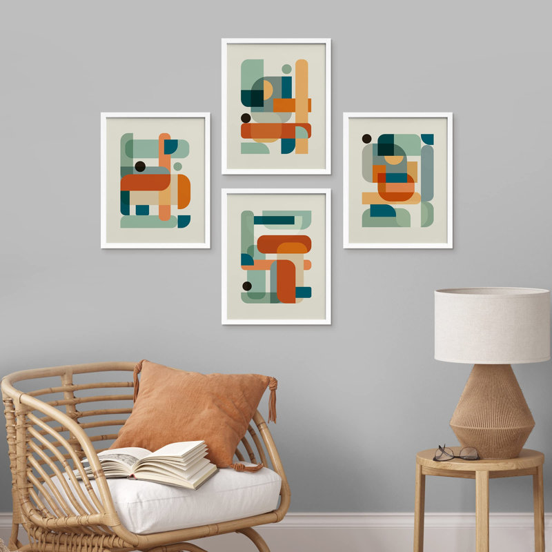 Colorful Mid-Century Geometric - Ensemble de 4 reproductions de cadres photo simples, Blanc, H 10 po x l 8 po