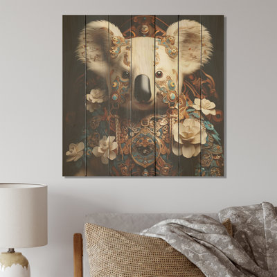 King Koala Blooms I - Koala Animal On Wood Print