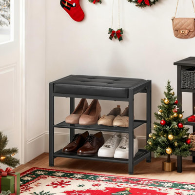 Petit banc de rangement à chaussures à 3 niveaux avec coussin de siège en polyuréthane, banc de rangement pour chaussures avec étagères en métal