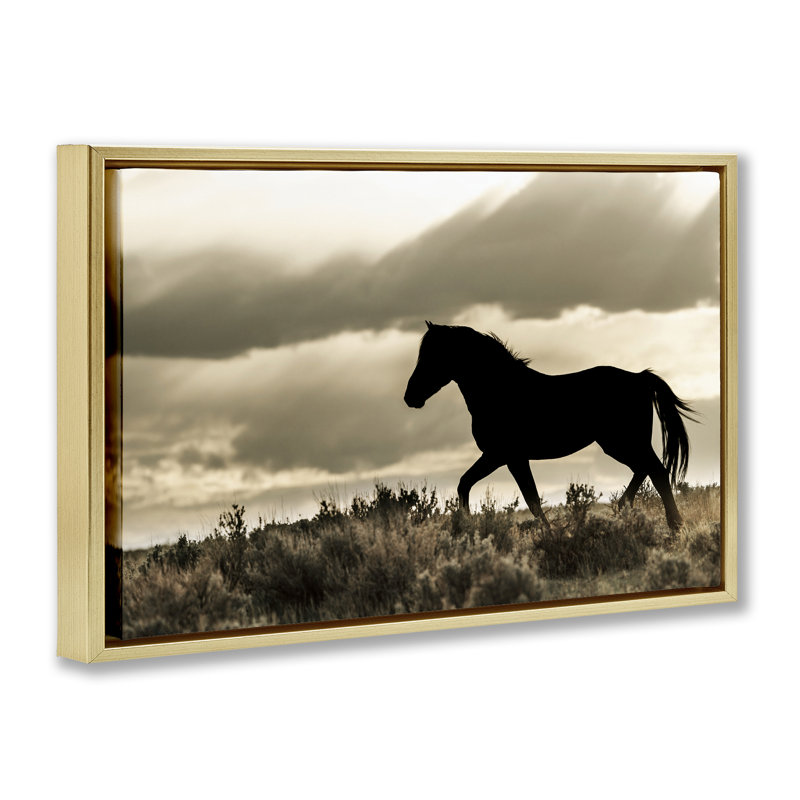 Silhouette d'un cheval en liberté, H 21 po x l 31 po, Cadre flottant gris lustré