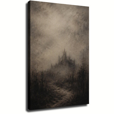 Toile imprimée représentant un château gothique hanté, un château sombre et brumeux dans une forêt brumeuse (peinture vintage), une œuvre d'art murale effrayante pour l'Halloween