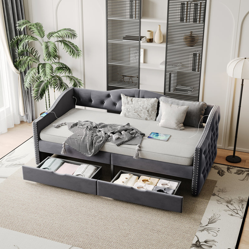 Lit de jour rembourré avec 2 tiroirs, gris - taille simple, sans sommier, structure en bois avec ressorts de rangement en contreplaqué requis, lin élégant d'inspiration Mid-Century et