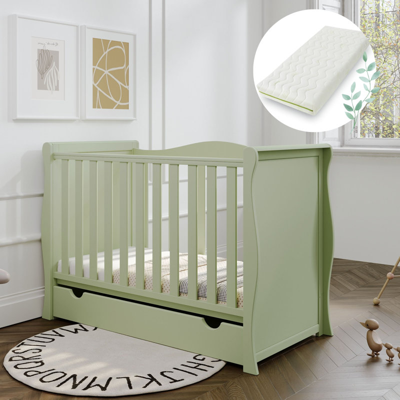 Willow Sleigh Mini Cot Bed Pistachio With Drawer And Bamboo Mattress 