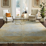 Blue Hand-Knotted Wool Framed Floral Medallion Geometric Modern Contemporary Carpet Rug